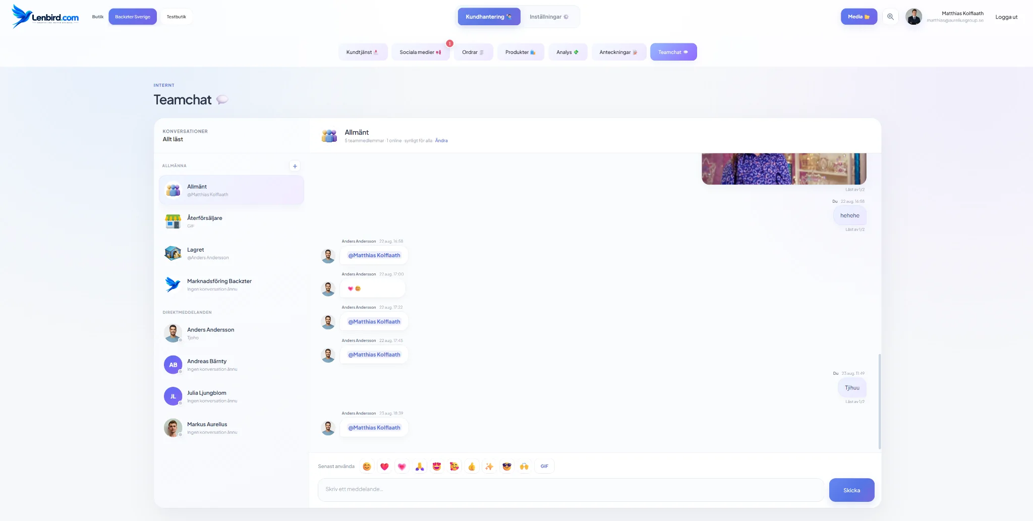 Teamchat grupper och direktmeddelanden i Lenbird